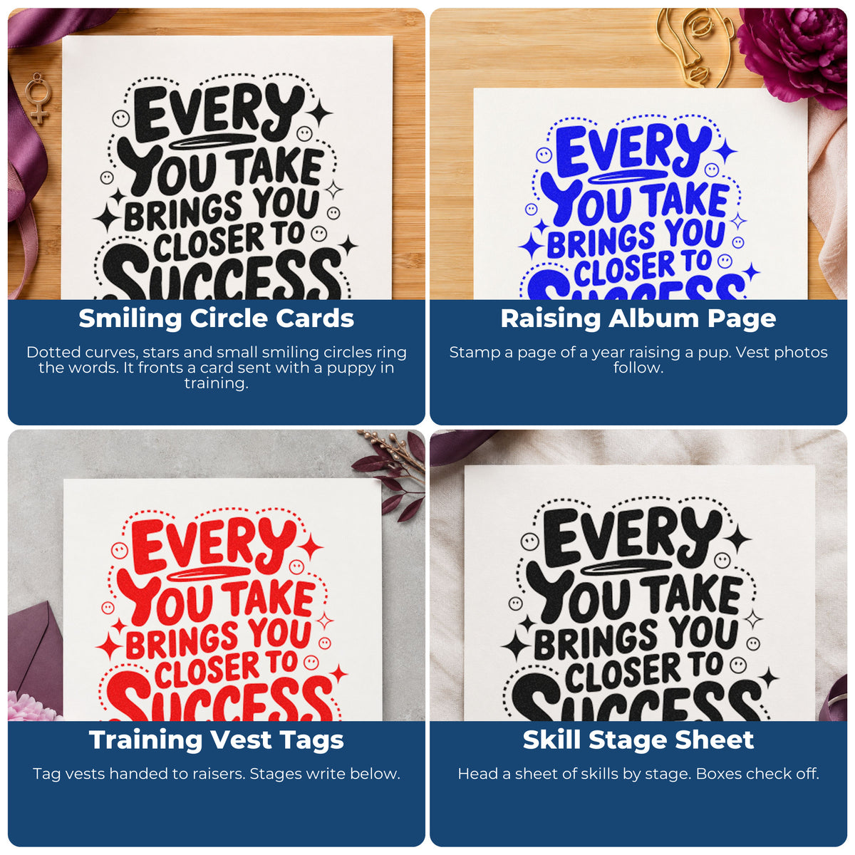 Four ways to use the Closer To Success Stars And Dots Self-Inking Craft Stamp: smiling circle cards, raising album page, training vest tags and skill stage sheet.