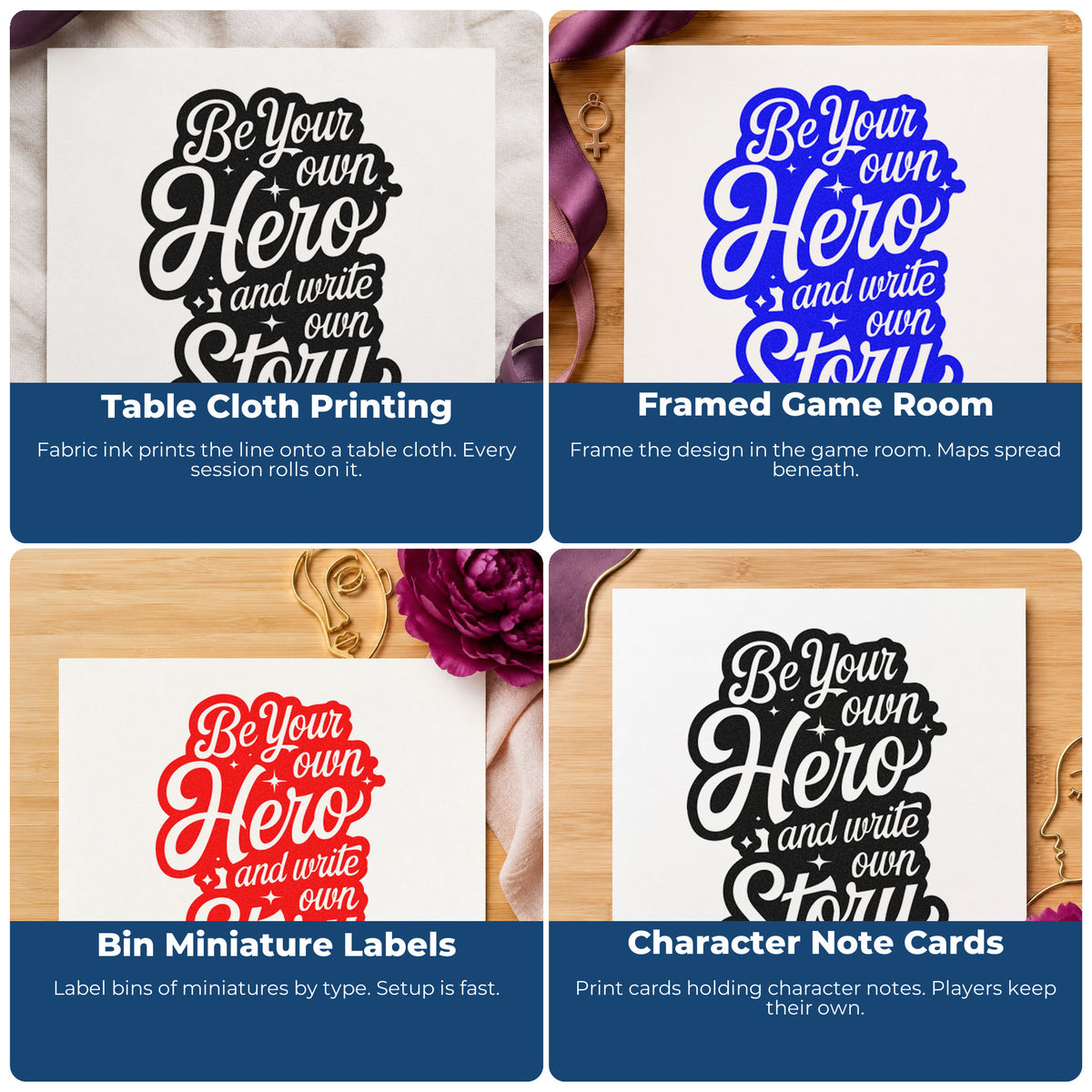 Four ways to use the Be Your Own Hero And Write Own Story Pre-Inked Stamp – Slim: table cloth printing, framed game room, bin miniature labels and character note cards.