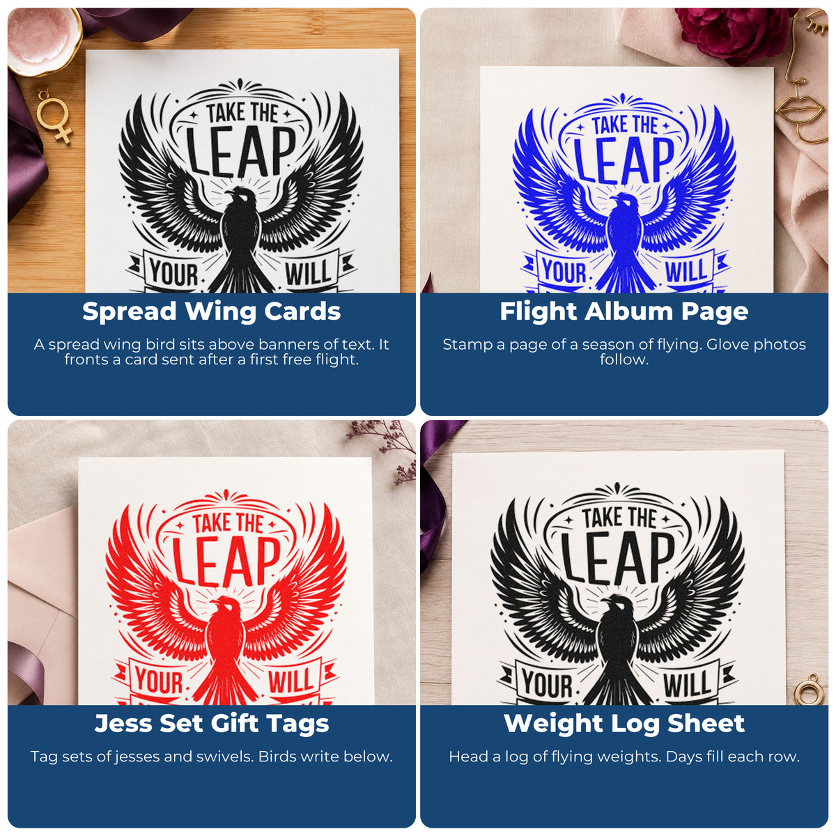Four ways to use the Take The Leap Spread-Wing Bird Self-Inking Stamp: spread wing cards, flight album page, jess set gift tags and weight log sheet.