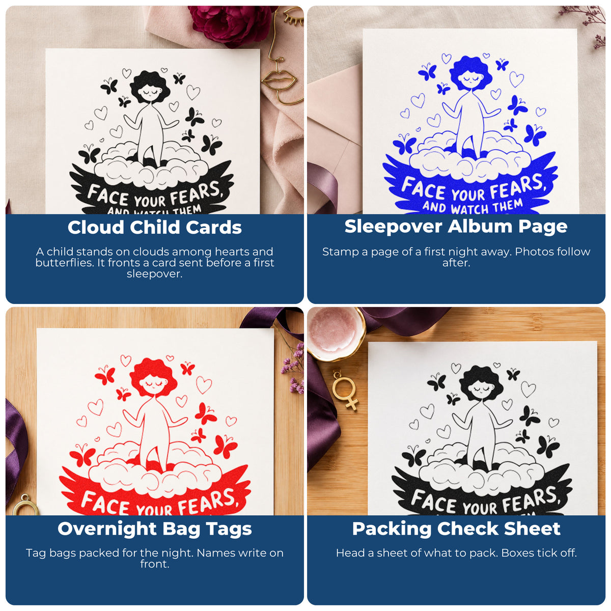 Four ways to use the Pre-Inked Face Fears Floating Child Butterfly Stamp – PSI: cloud child cards, sleepover album page, overnight bag tags and packing check sheet.