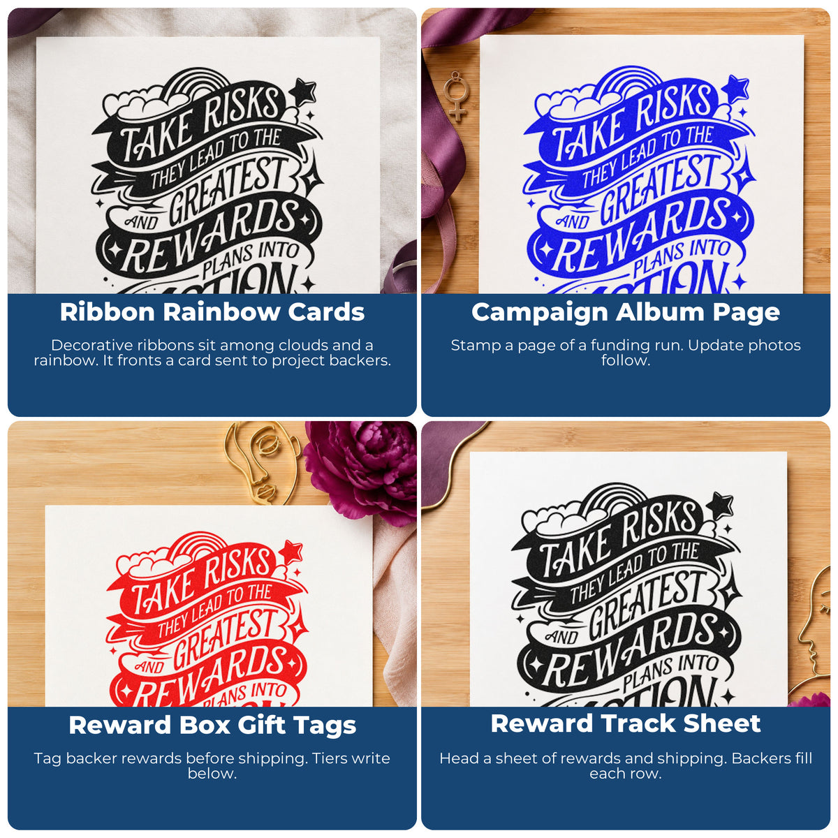 Four ways to use the Take Risks Rainbow Ribbons Premium Wooden Stamp - Vintage Pro: ribbon rainbow cards, campaign album page, reward box gift tags and reward track sheet.