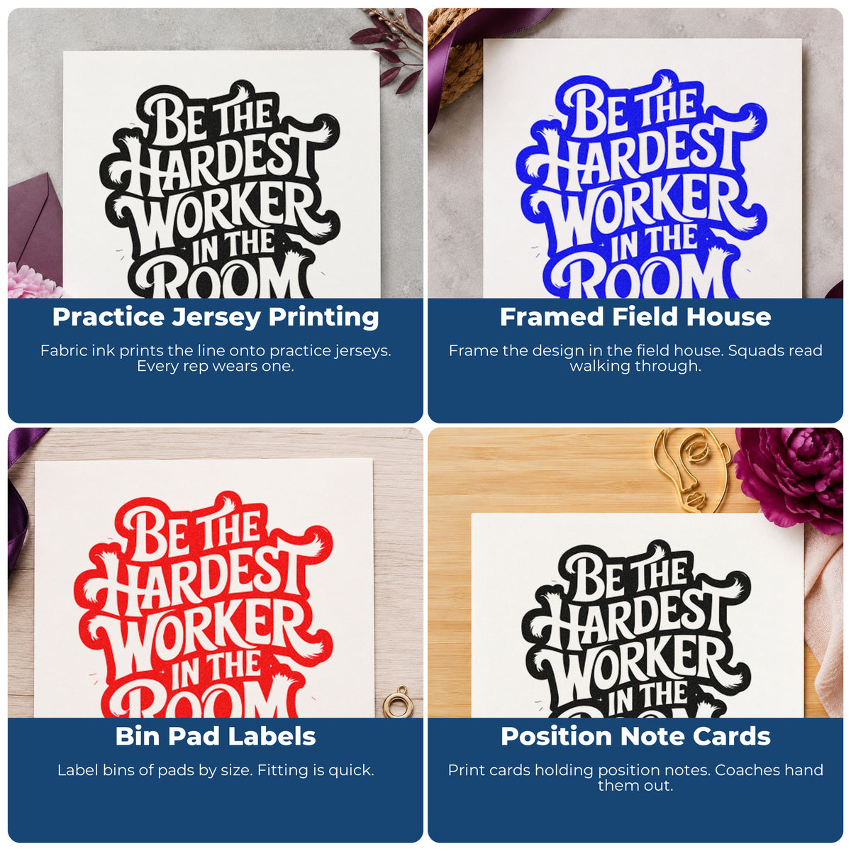 Four ways to use the Vintage Pro Hardest Worker In Room Premium Wooden Stamp: practice jersey printing, framed field house, bin pad labels and position note cards.
