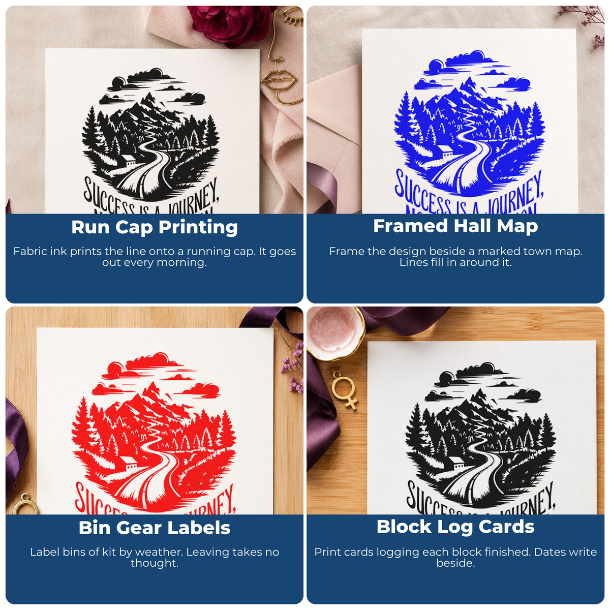 Four ways to use the Success Journey Mountain Road Pine Motif Self-Inking Stamp: run cap printing, framed hall map, bin gear labels and block log cards.