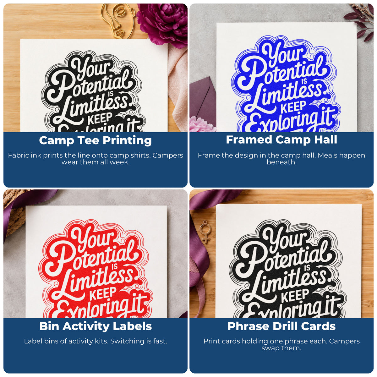 Four ways to use the Vintage Pro Your Potential Limitless Explore Premium Wooden Stamp: camp tee printing, framed camp hall, bin activity labels and phrase drill cards.