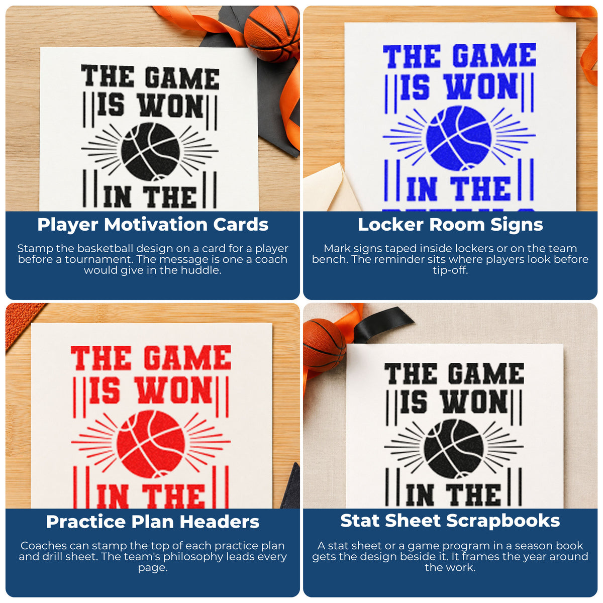 Four ways to use the The Game Is Won In The Details Rubber Stamp – Wood Handle: player motivation cards, locker room signs, practice plan headers and stat sheet scrapbooks.