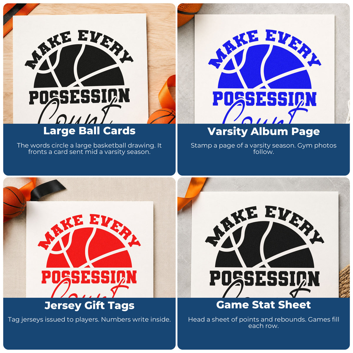 Four ways to use the Make Every Possession Count Basketball Hand Stamp – Duo: large ball cards, varsity album page, jersey gift tags and game stat sheet.