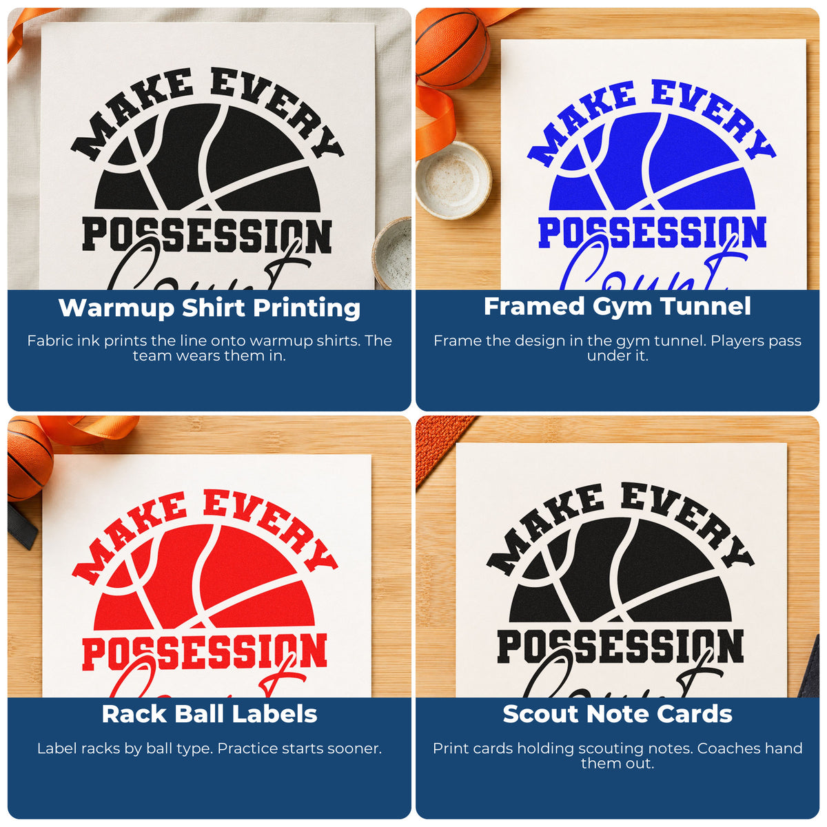 Four ways to use the Make Every Possession Count Basketball Hand Stamp – Duo: warmup shirt printing, framed gym tunnel, rack ball labels and scout note cards.