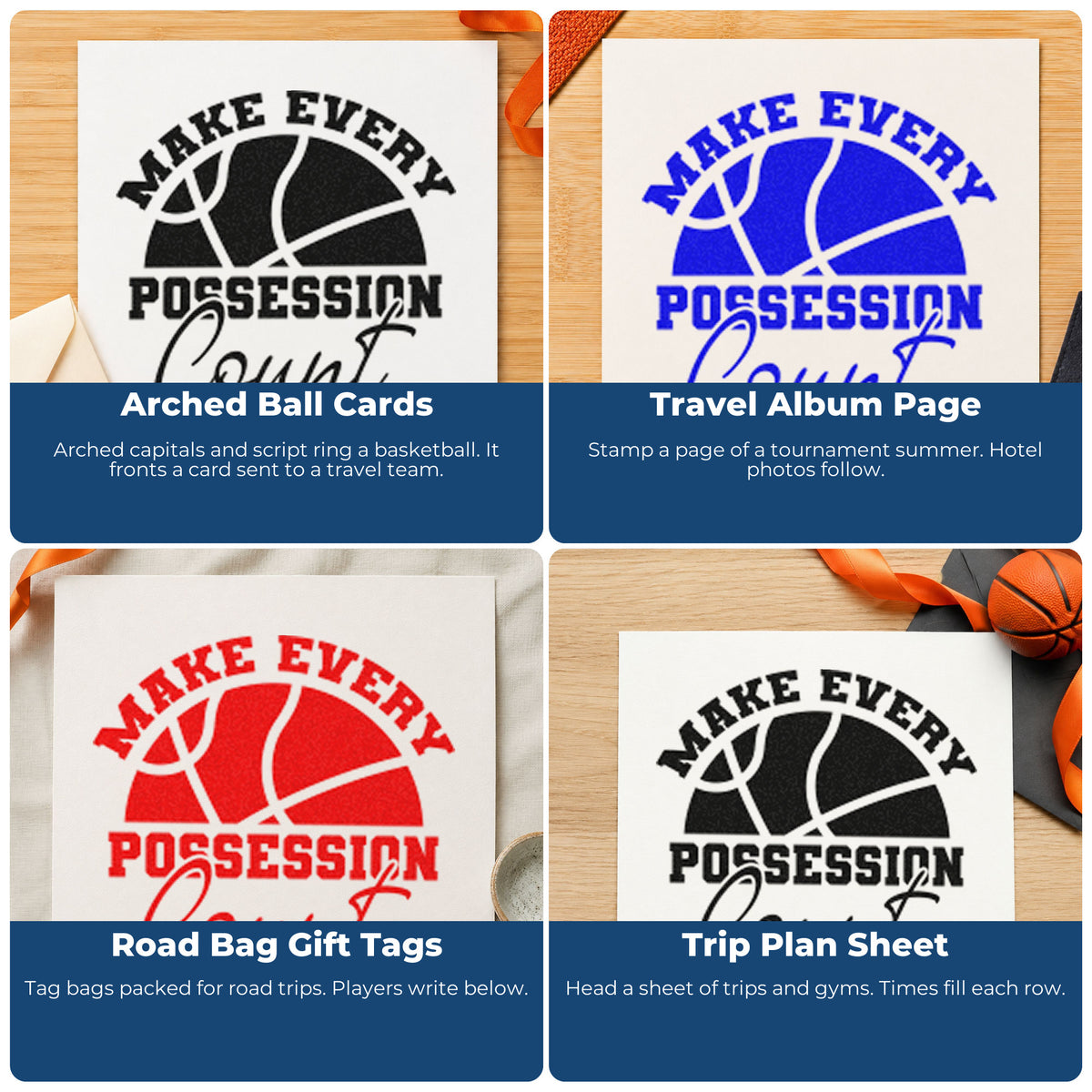 Four ways to use the Every Possession Count Basketball Premium Wood-Mounted Stamp - Vintage Pro: arched ball cards, travel album page, road bag gift tags and trip plan sheet.