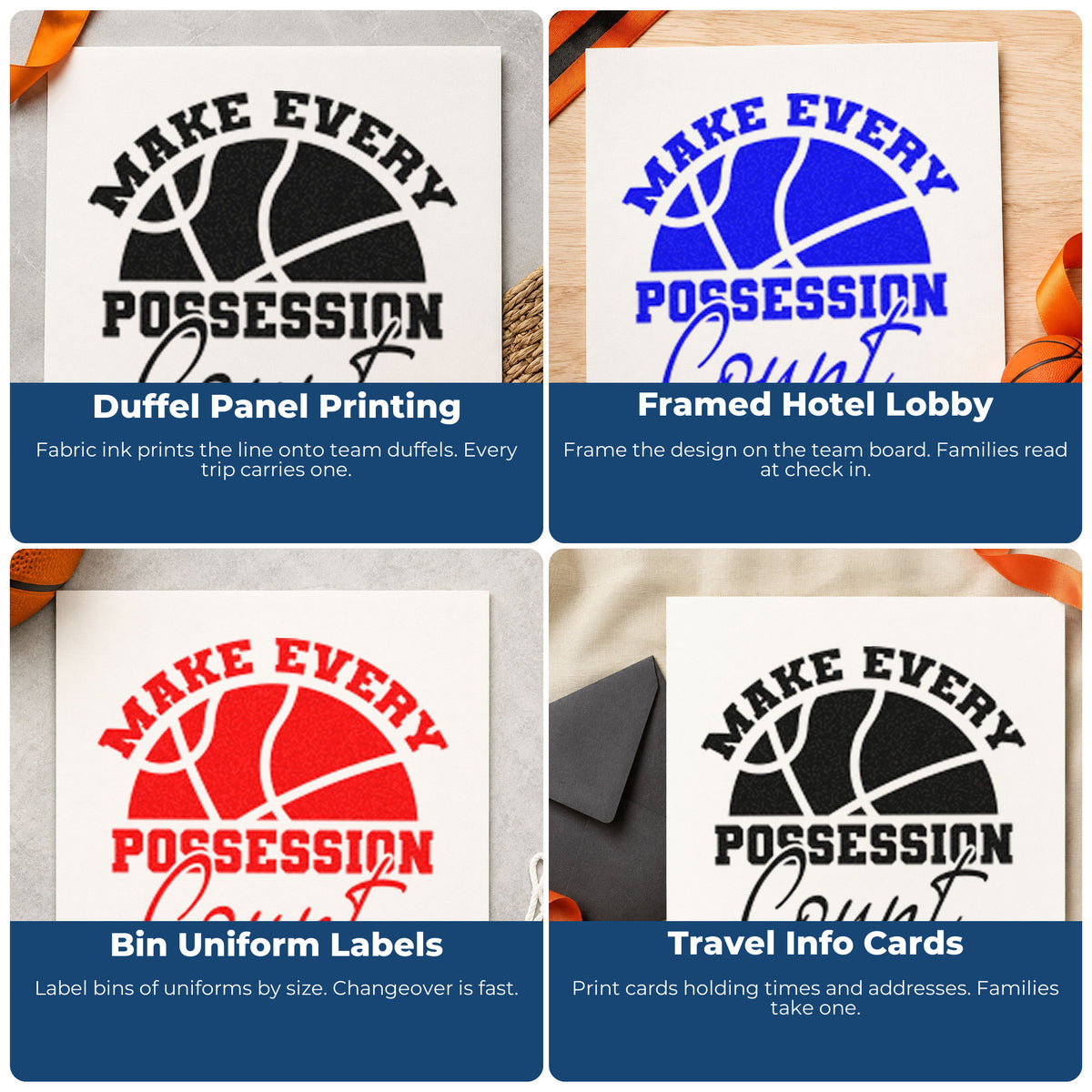 Four ways to use the Every Possession Count Basketball Stamp – Duo Hand: duffel panel printing, framed hotel lobby, bin uniform labels and travel info cards.