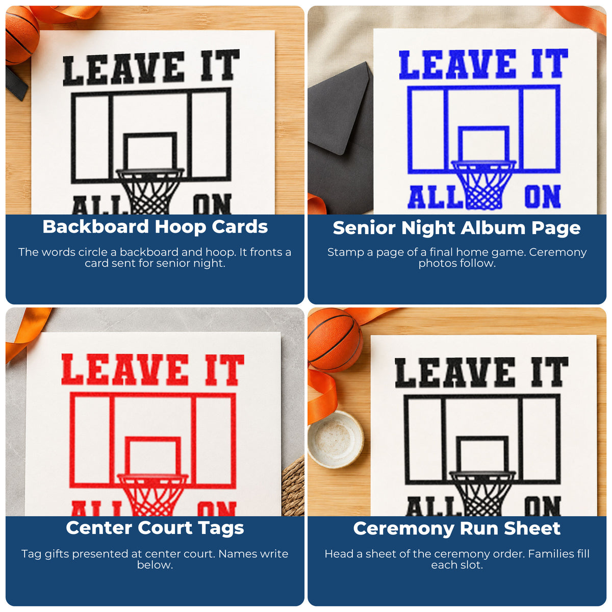 Four ways to use the Premium Wooden Leave It All On The Court Stamp - Vintage Pro: backboard hoop cards, senior night album page, center court tags and ceremony run sheet.