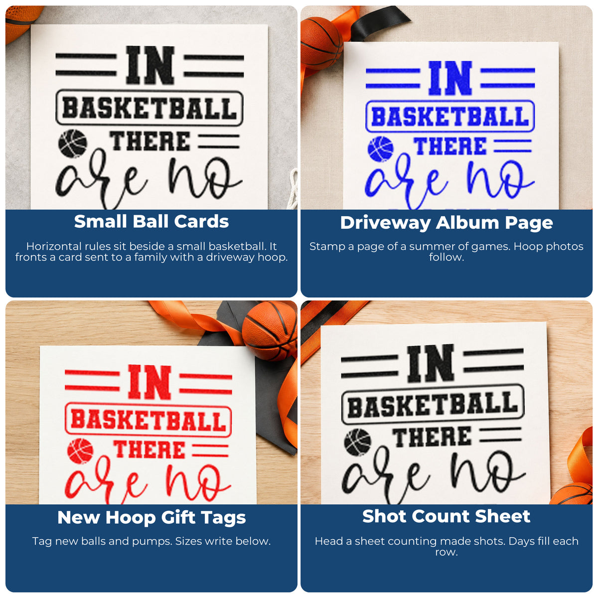 Four ways to use the Basketball Has No Limits Stamp – PSI Pre-Inked: small ball cards, driveway album page, new hoop gift tags and shot count sheet.