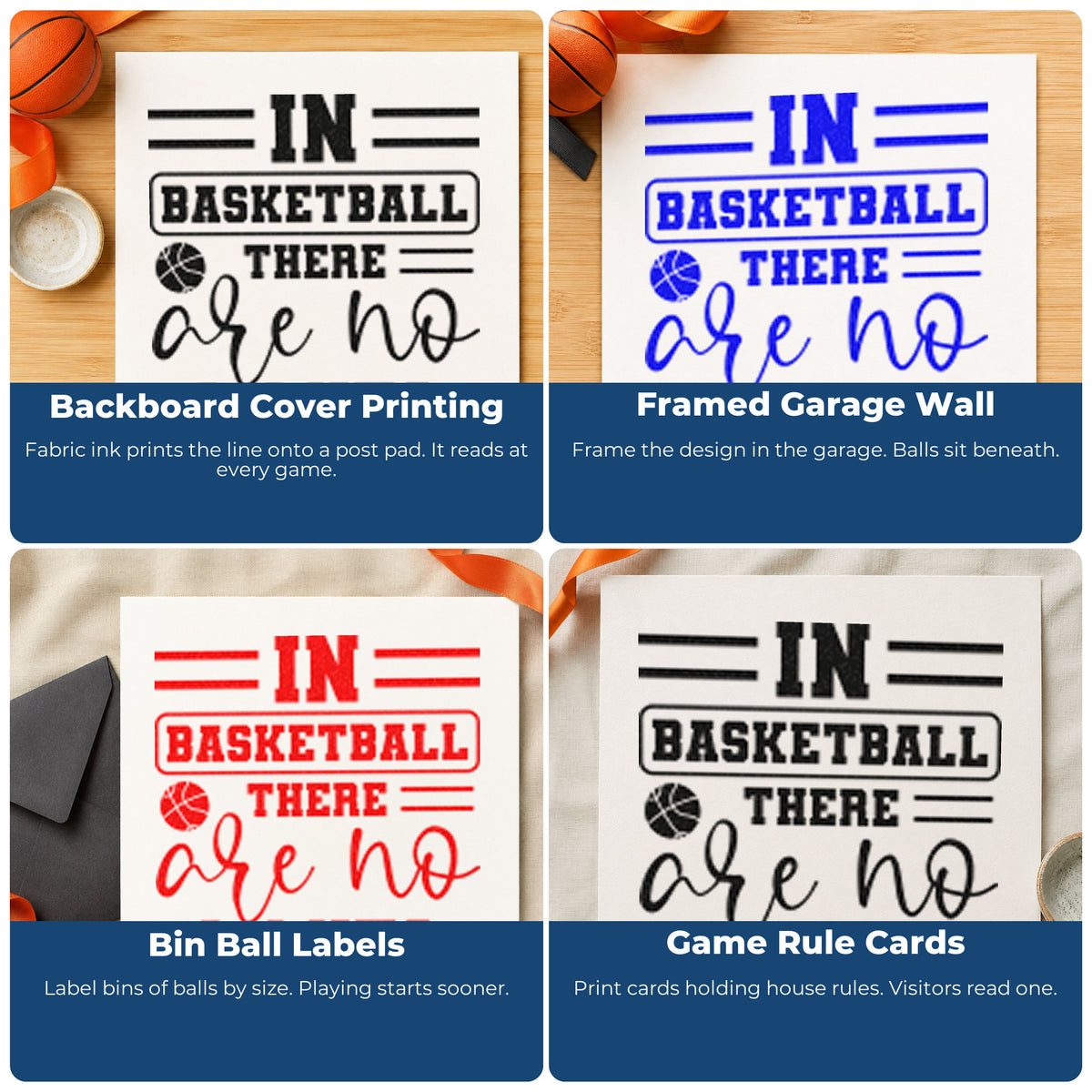 Four ways to use the Basketball Has No Limits Stamp – PSI Pre-Inked: backboard cover printing, framed garage wall, bin ball labels and game rule cards.