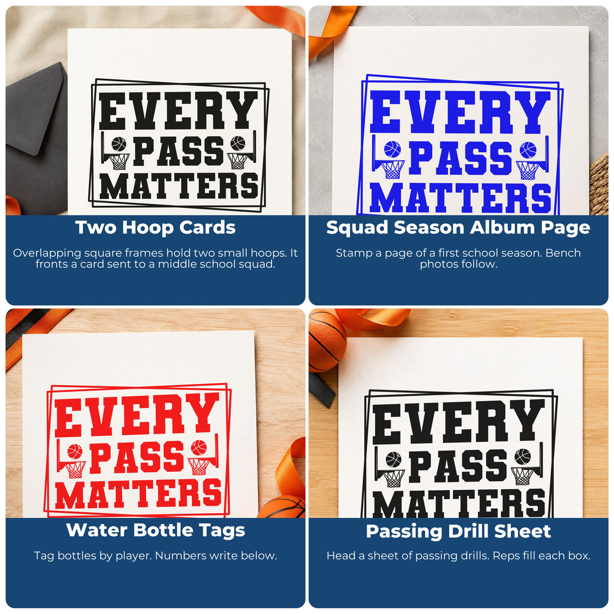 Four ways to use the Every Pass Matters Frame Slim Pre-Inked Stamp: two hoop cards, squad season album page, water bottle tags and passing drill sheet.