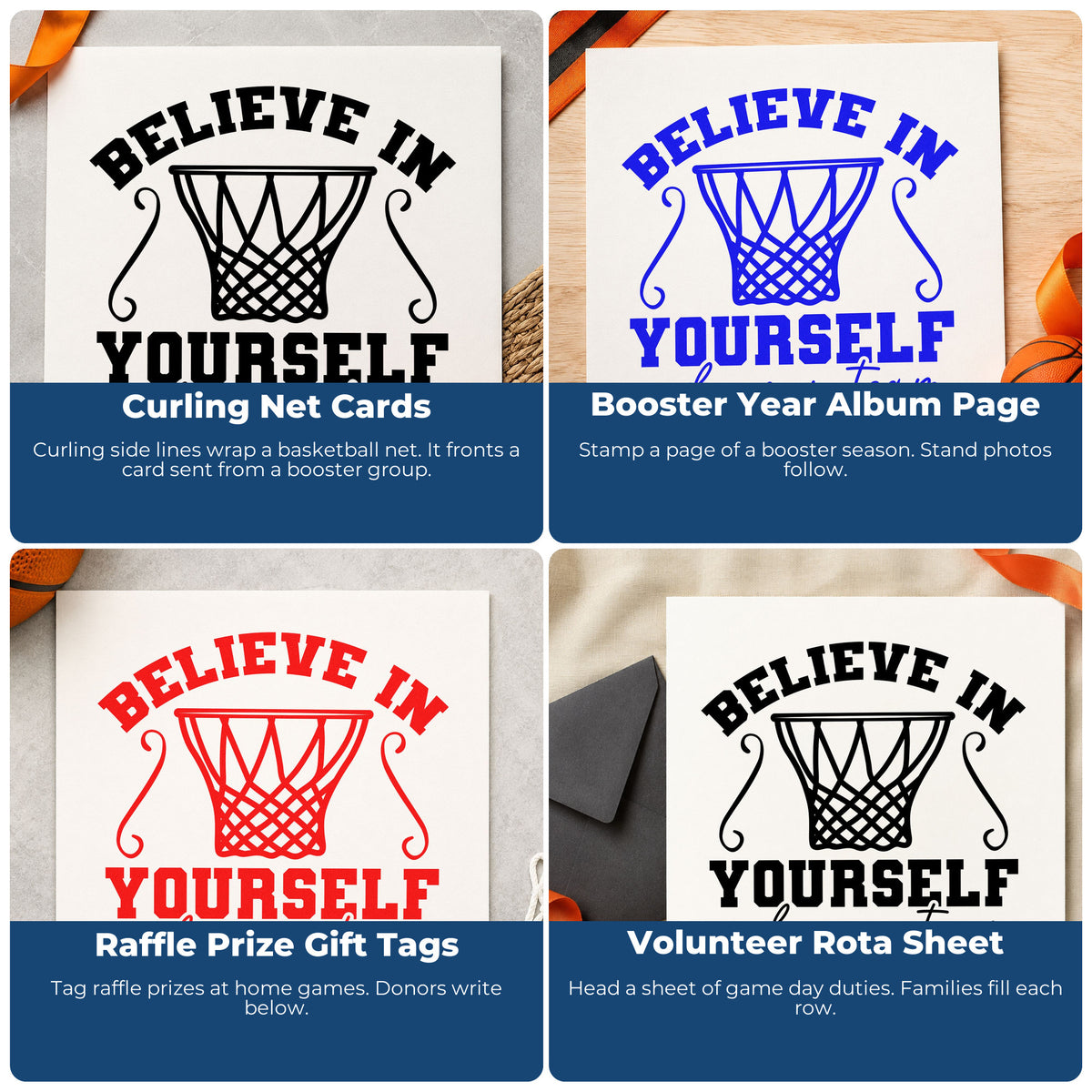 Four ways to use the Believe In Yourself And Your Team Stamp - Premium Vintage Pro Wooden: curling net cards, booster year album page, raffle prize gift tags and volunteer rota sheet.