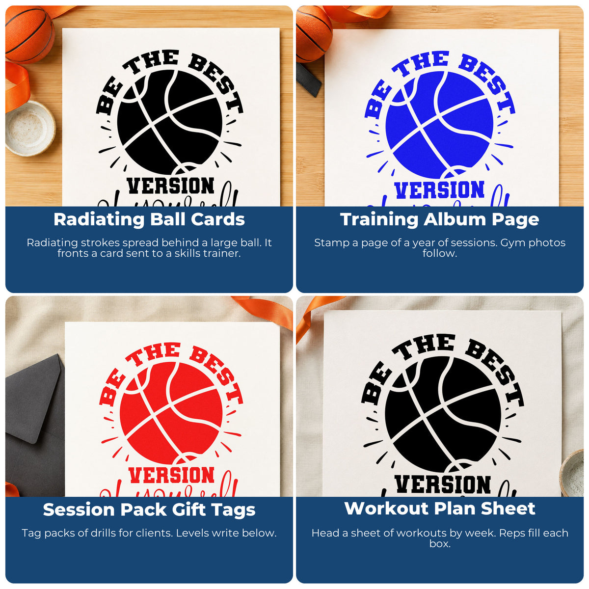 Four ways to use the Premium Wooden Be The Best Version Of Yourself Stamp - Vintage Pro: radiating ball cards, training album page, session pack gift tags and workout plan sheet.