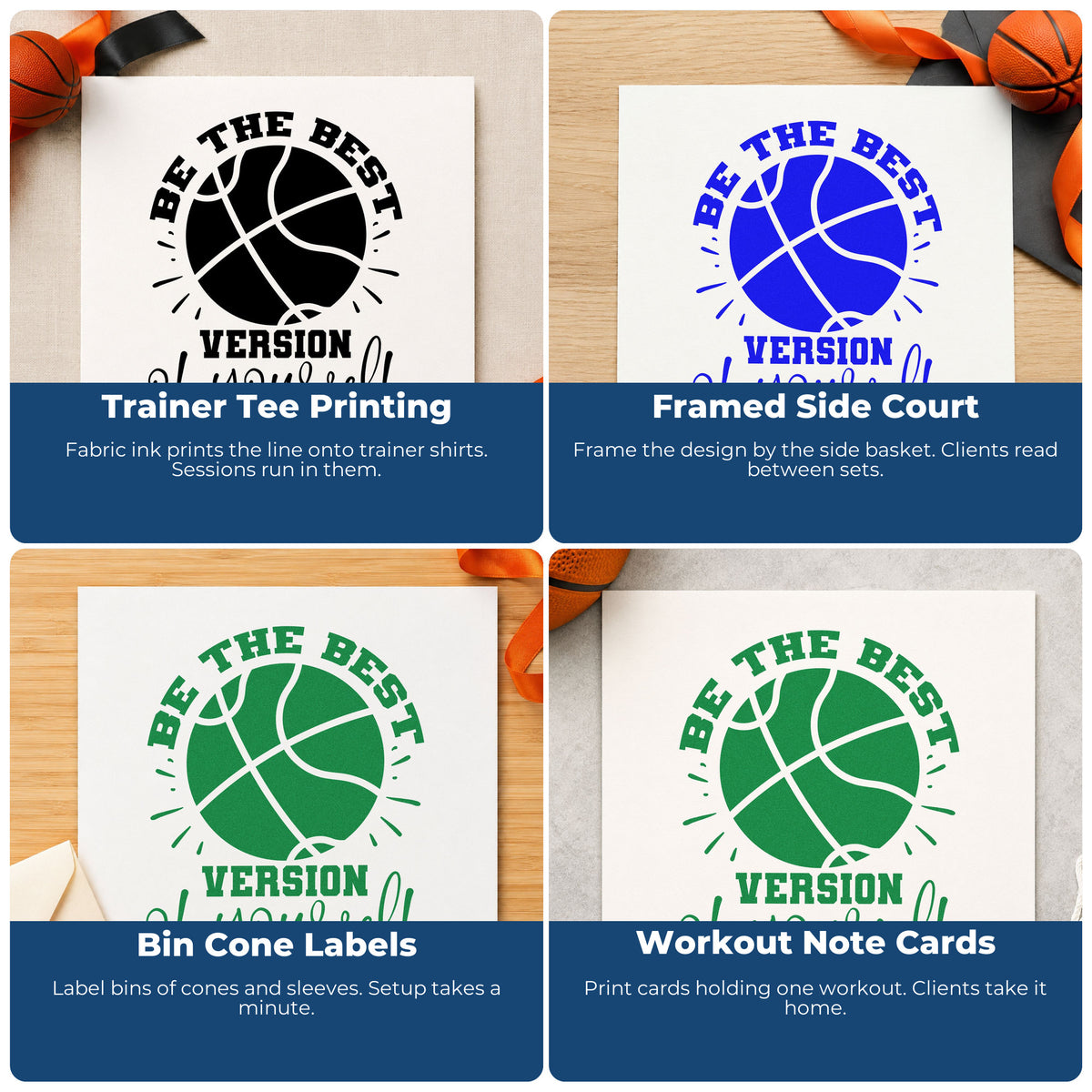 Four ways to use the Be The Best Version Of Yourself Hand Stamp – Duo: trainer tee printing, framed side court, bin cone labels and workout note cards.