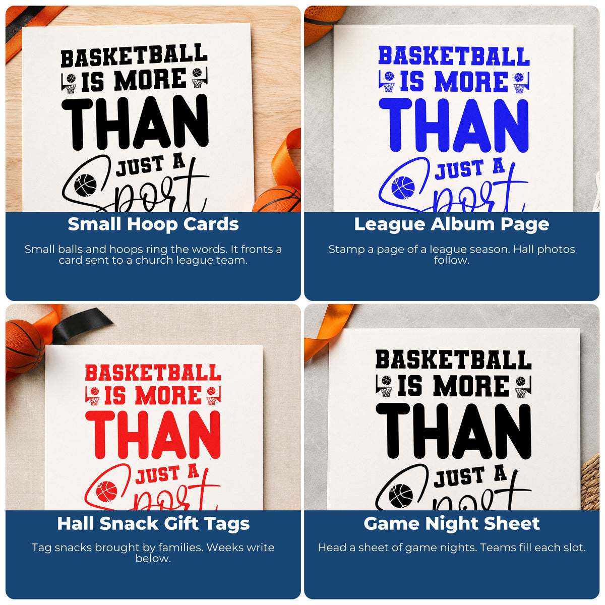 Four ways to use the Self-Inking Basketball More Than Sport Stamp: small hoop cards, league album page, hall snack gift tags and game night sheet.