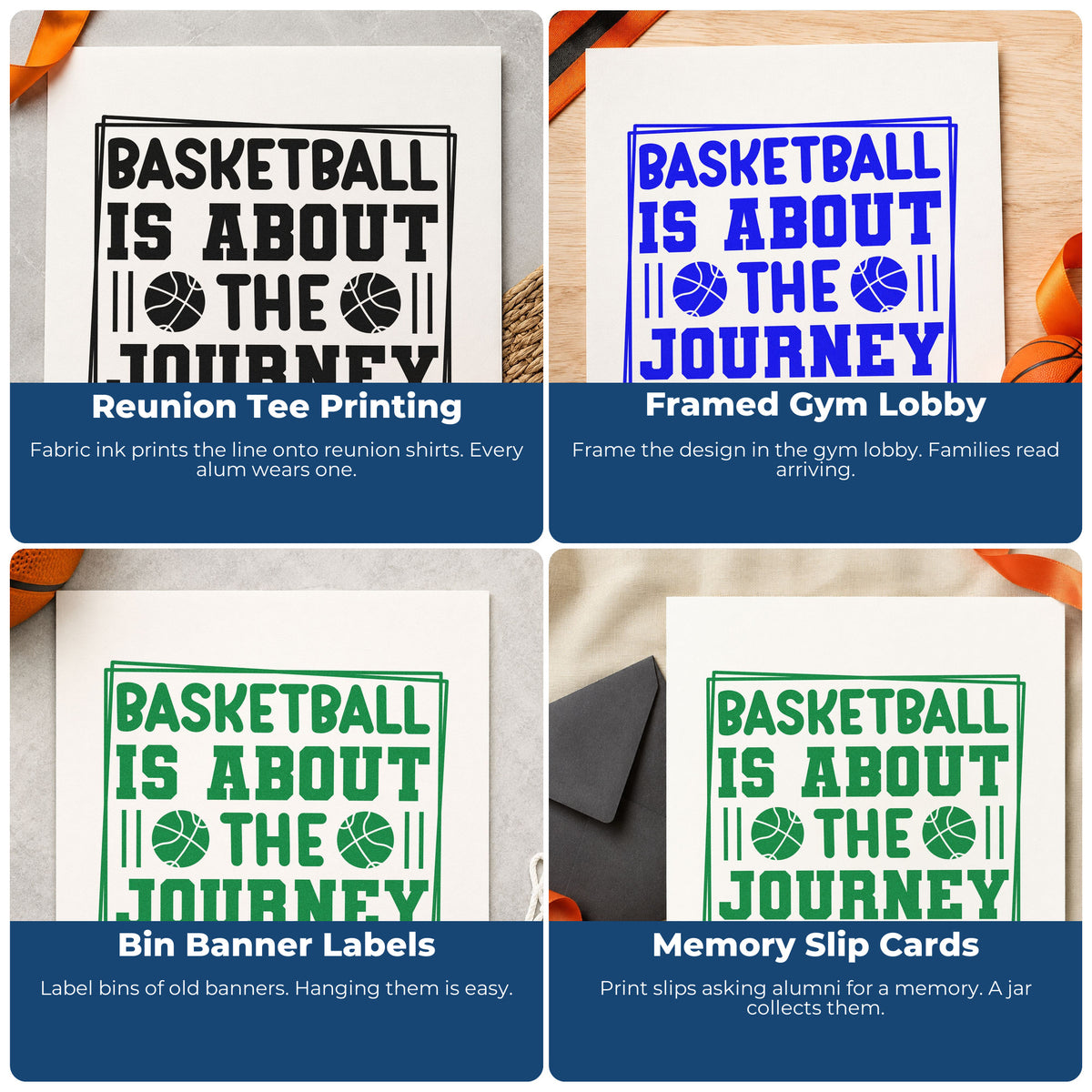 Four ways to use the Basketball Is About The Journey Stamp - Premium Vintage Pro Wooden: reunion tee printing, framed gym lobby, bin banner labels and memory slip cards.