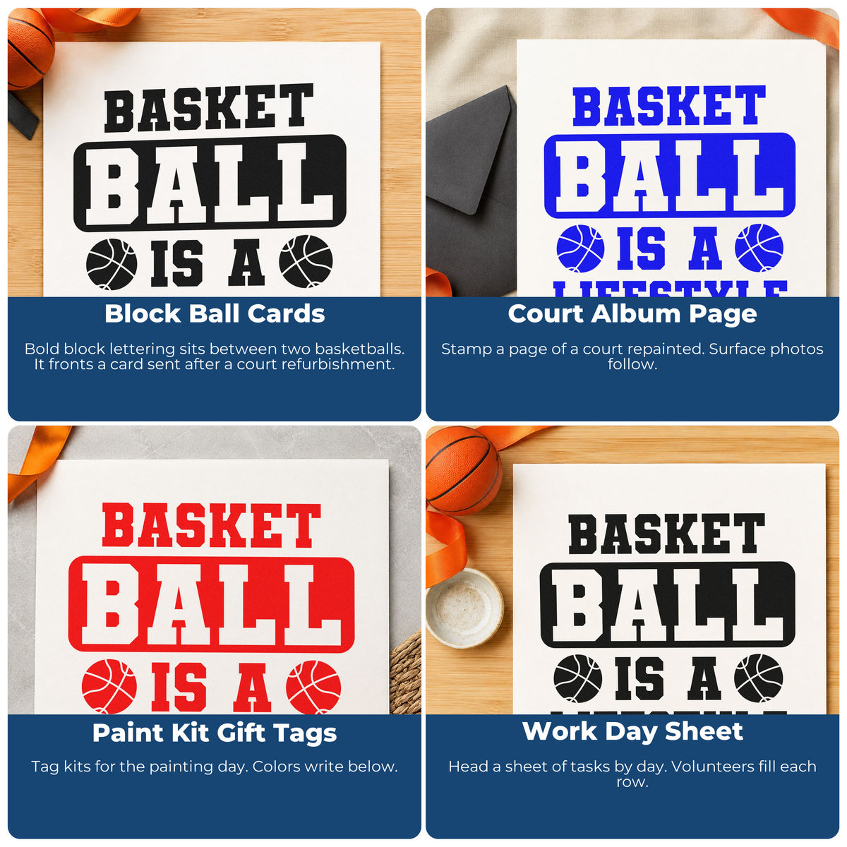 Four ways to use the Vintage Pro Basketball Is A Lifestyle Premium Wooden Stamp: block ball cards, court album page, paint kit gift tags and work day sheet.