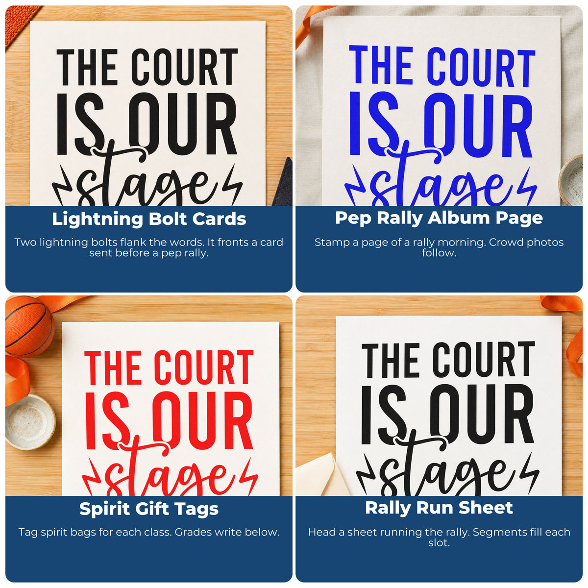 Four ways to use the Court Is Our Stage Pre-Inked Stamp – PSI: lightning bolt cards, pep rally album page, spirit gift tags and rally run sheet.