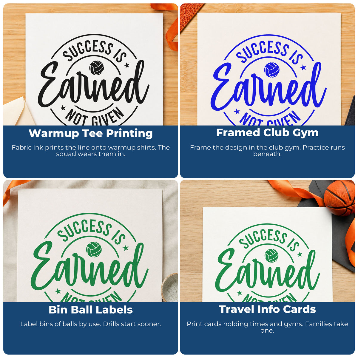 Four ways to use the Success Is Earned Volleyball Badge Stamp - Premium Vintage Pro Wooden: warmup tee printing, framed club gym, bin ball labels and travel info cards.