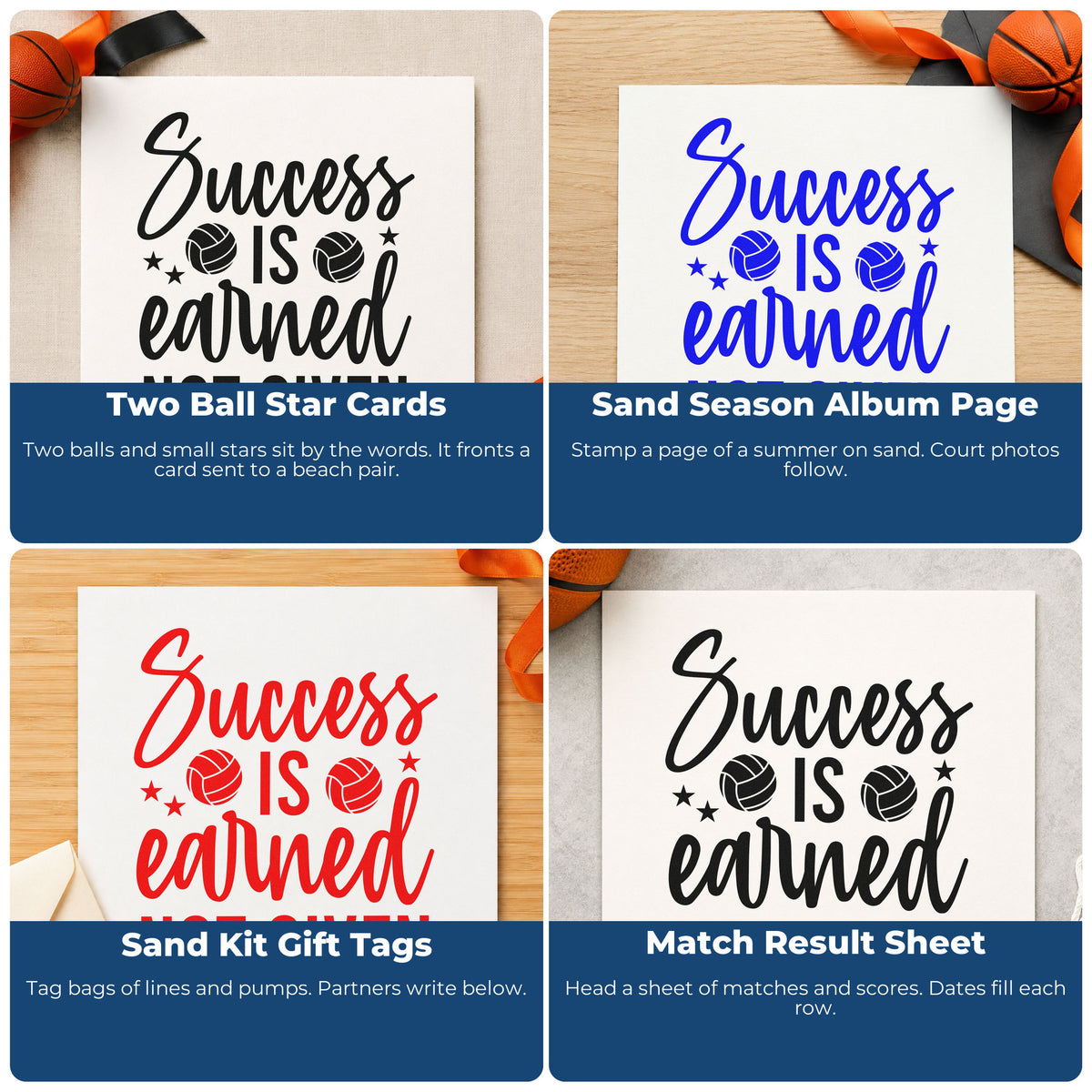Four ways to use the Success Is Earned Not Given Ball Pair Compact Pre-Inked Stamp – Slim: two ball star cards, sand season album page, sand kit gift tags and match result sheet.