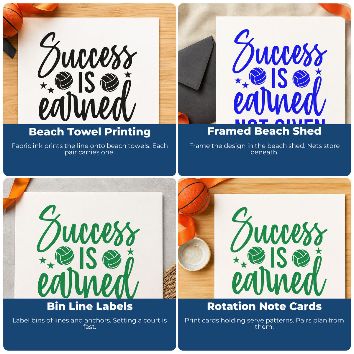 Four ways to use the Success Is Earned Not Given Ball Pair Self-Inking Stamp: beach towel printing, framed beach shed, bin line labels and rotation note cards.