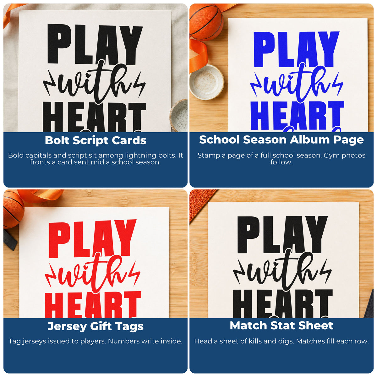 Four ways to use the Play With Heart And Soul Stamp – Self-Inking: bolt script cards, school season album page, jersey gift tags and match stat sheet.