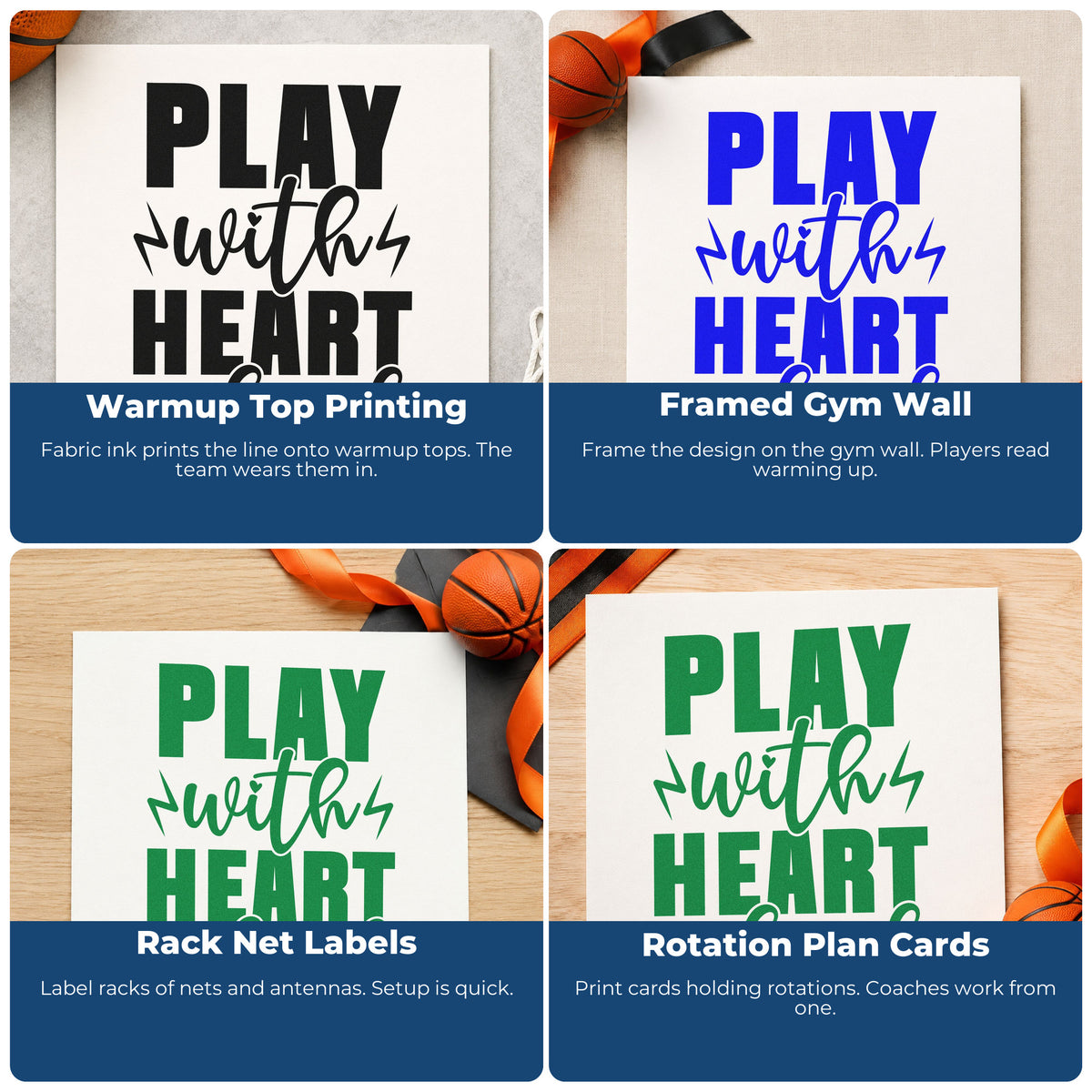 Four ways to use the Play With Heart And Soul Slim Pre-Inked Stamp: warmup top printing, framed gym wall, rack net labels and rotation plan cards.