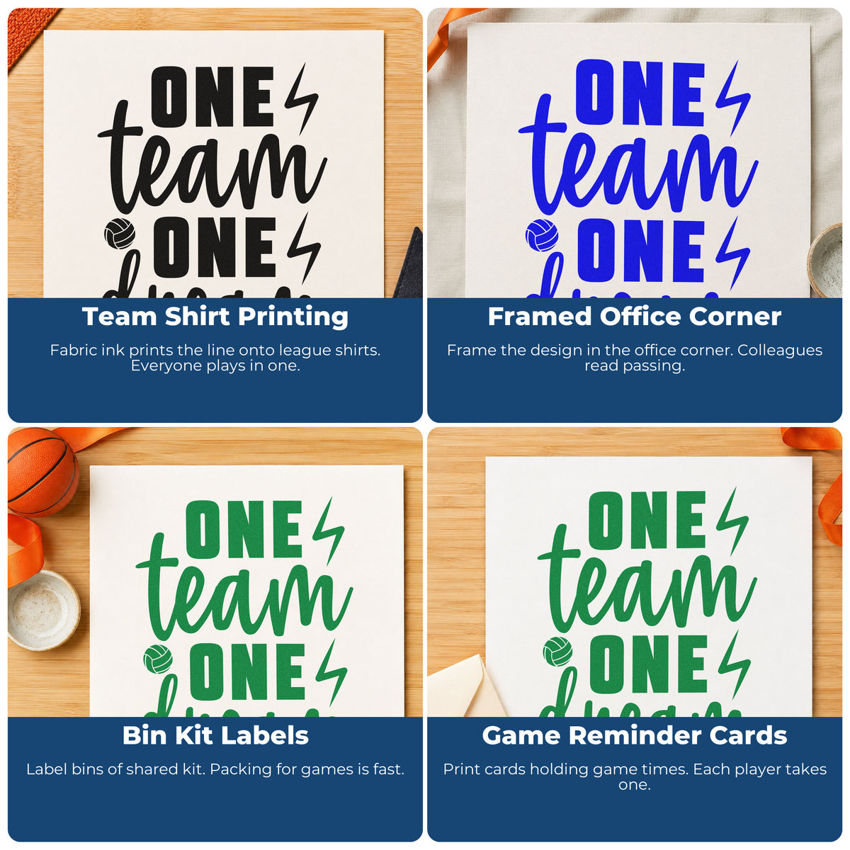Four ways to use the One Team One Dream Volleyball Self-Inking Craft Stamp: team shirt printing, framed office corner, bin kit labels and game reminder cards.