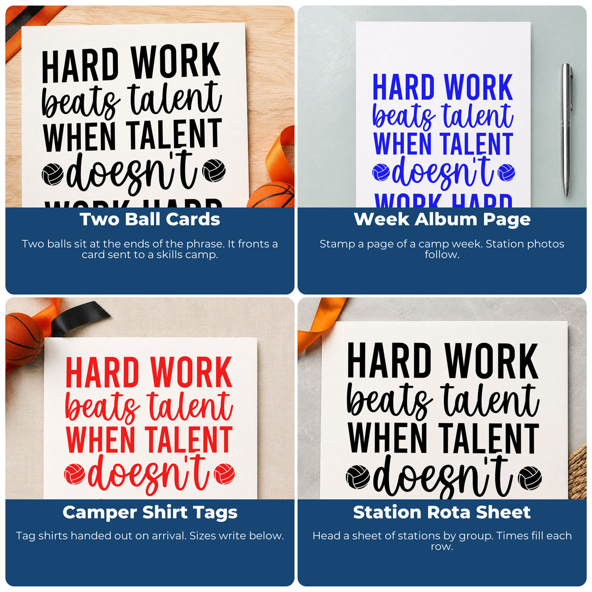 Four ways to use the Hard Work Beats Talent Volleyball Pair Premium Wooden Stamp - Vintage Pro: two ball cards, week album page, camper shirt tags and station rota sheet.