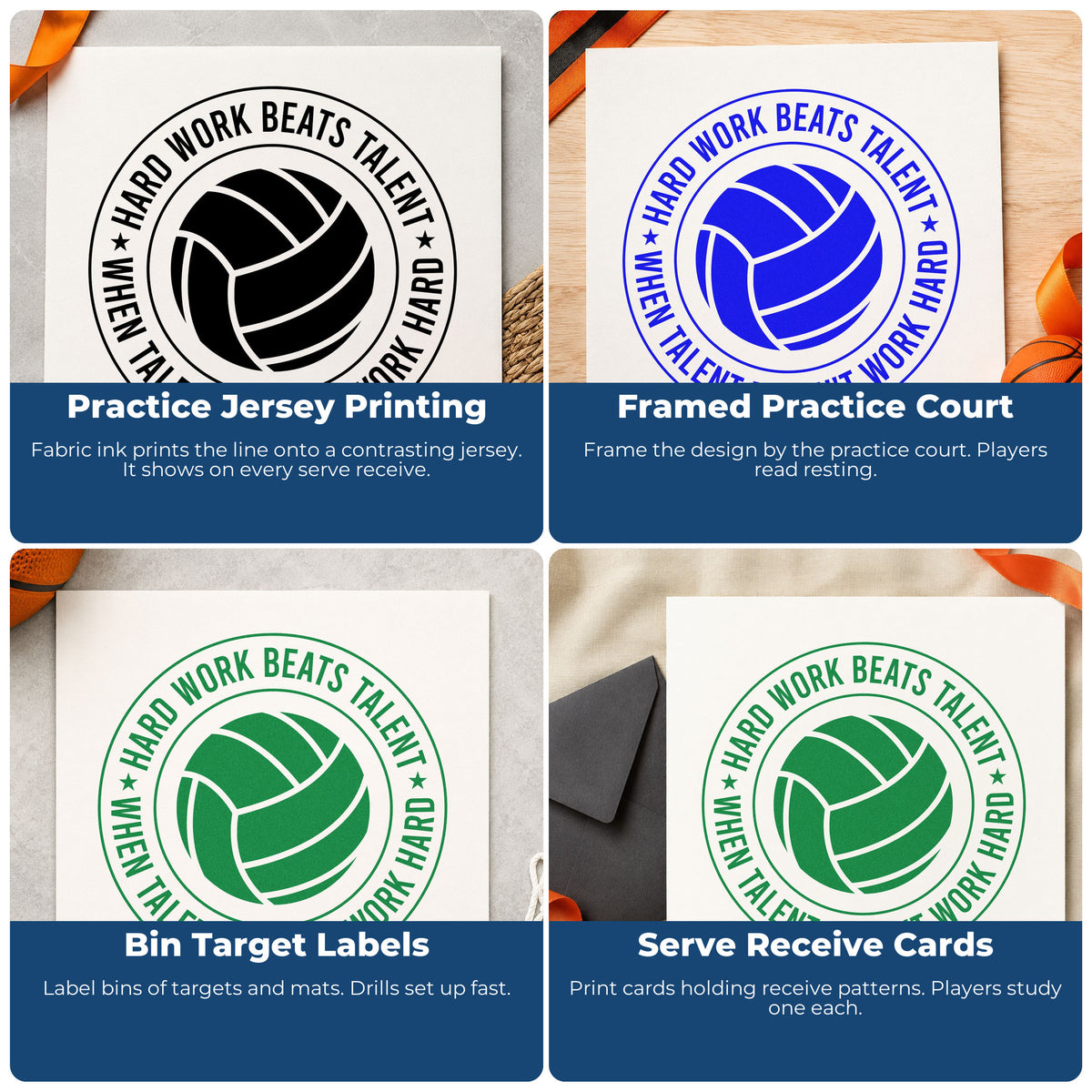 Four ways to use the Hard Work Beats Talent Volleyball Badge Premium Wooden Stamp - Vintage Pro: practice jersey printing, framed practice court, bin target labels and serve receive cards.