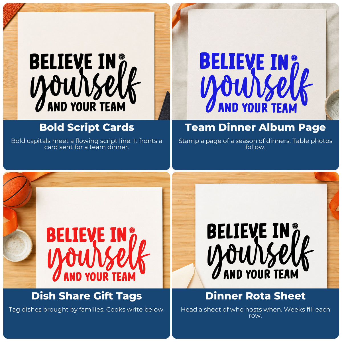 Four ways to use the Premium Wooden Believe In Yourself And Your Team Script Lettering Stamp - Vintage Pro: bold script cards, team dinner album page, dish share gift tags and dinner rota sheet.