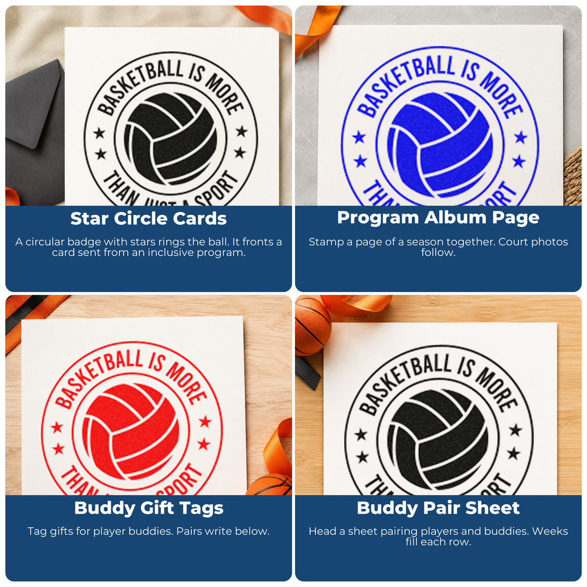 Four ways to use the Basketball More Than Just A Sport Badge Stamp – Wood Handle: star circle cards, program album page, buddy gift tags and buddy pair sheet.