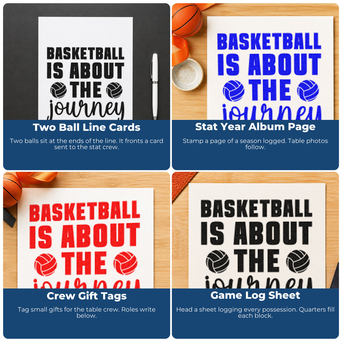 Four ways to use the Basketball Is About The Journey Ball Pair Self-Inking Craft Stamp: two ball line cards, stat year album page, crew gift tags and game log sheet.