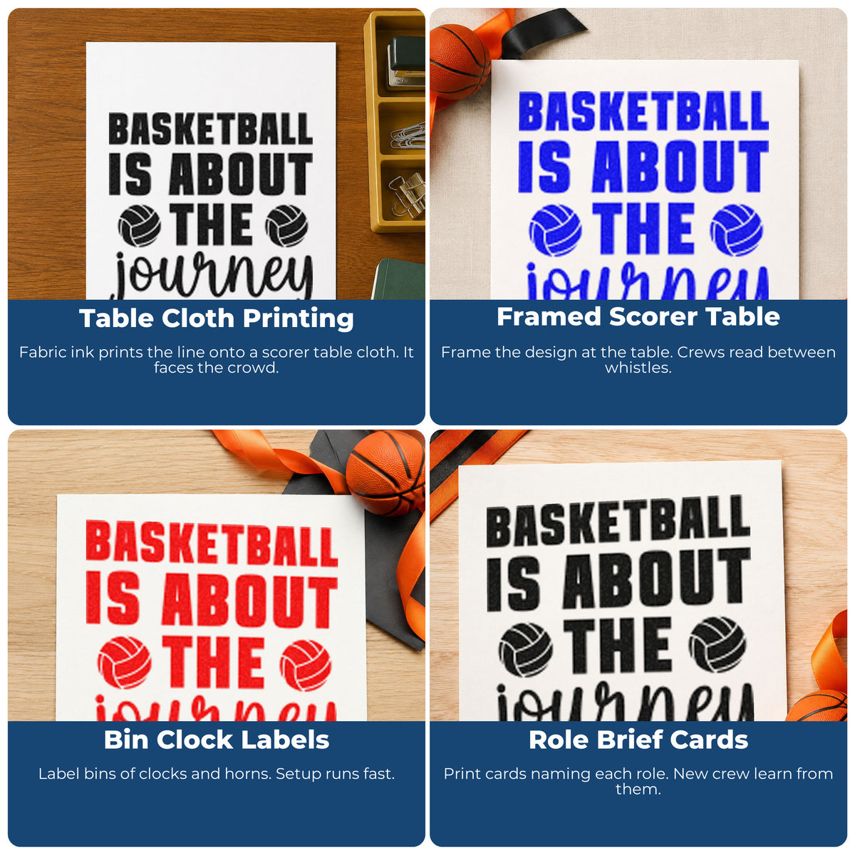 Four ways to use the Basketball Is About The Journey Ball Pair Self-Inking Craft Stamp: table cloth printing, framed scorer table, bin clock labels and role brief cards.