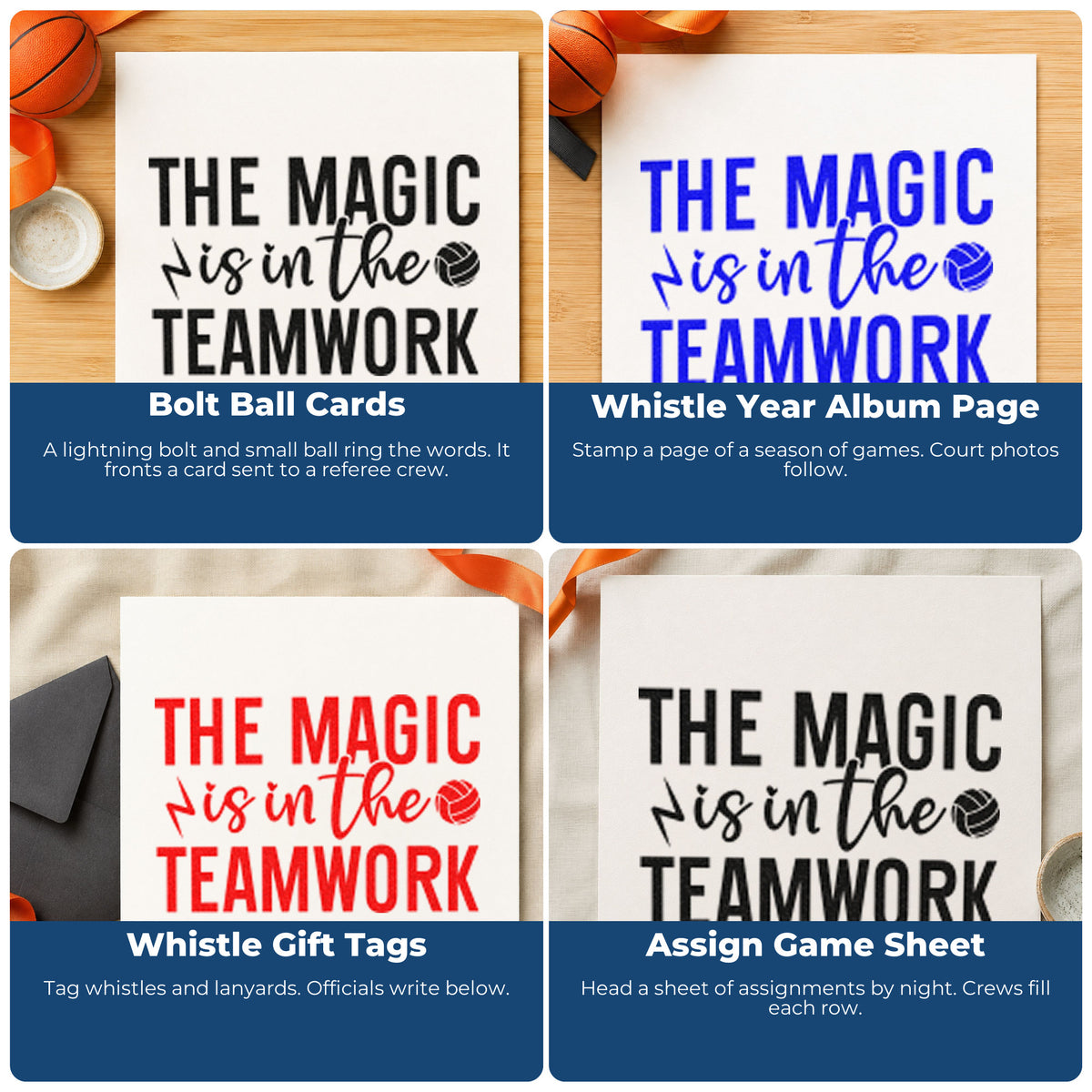 Four ways to use the The Magic Is In The Teamwork Volleyball Stamp - Premium Vintage Pro Wooden: bolt ball cards, whistle year album page, whistle gift tags and assign game sheet.