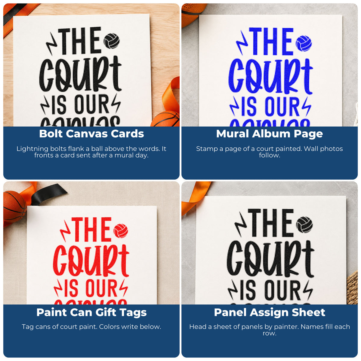 Four ways to use the The Court Is Our Canvas Volleyball Self-Inking Stamp: bolt canvas cards, mural album page, paint can gift tags and panel assign sheet.