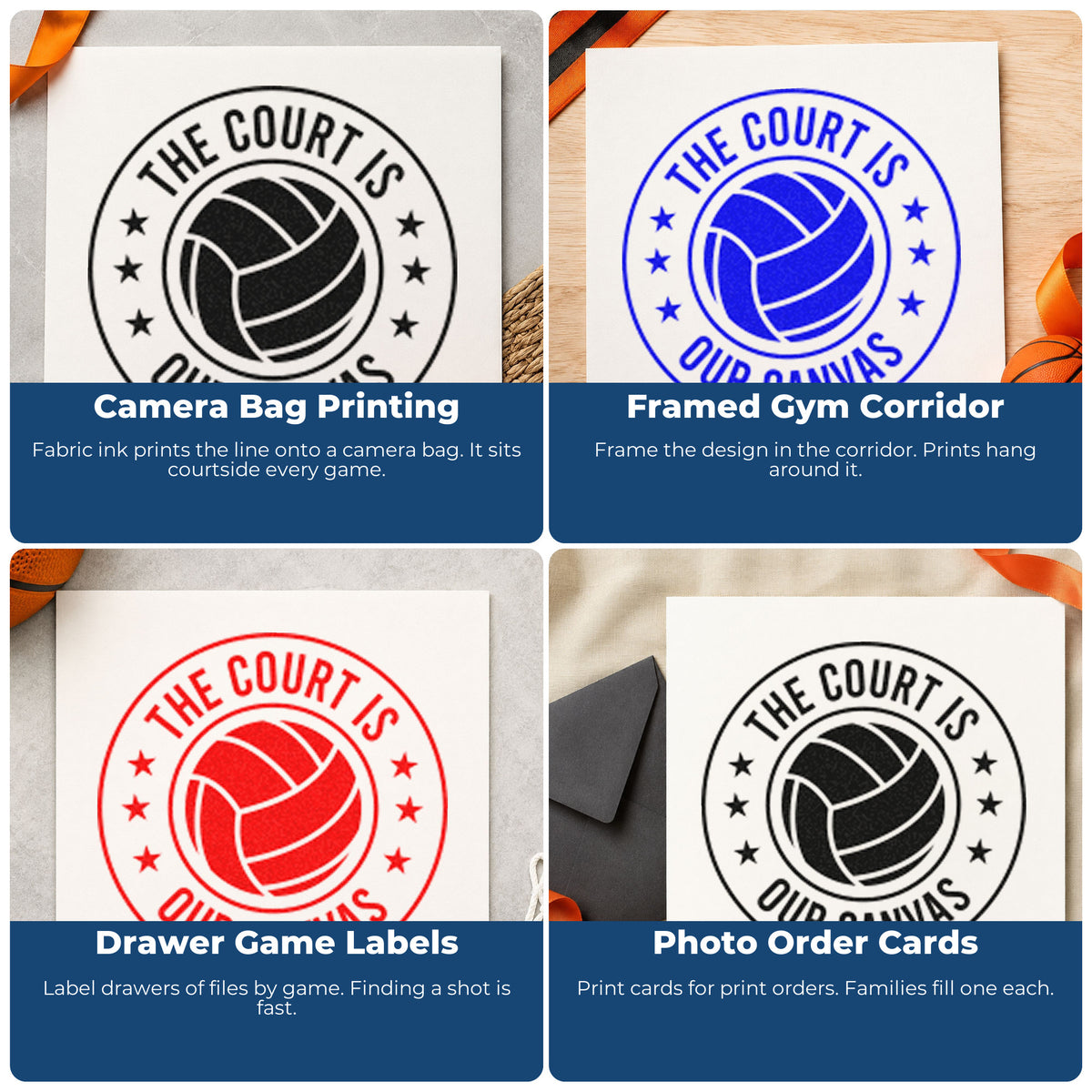 Four ways to use the Court Is Our Canvas Volleyball Badge PSI Pre-Inked Stamp: camera bag printing, framed gym corridor, drawer game labels and photo order cards.