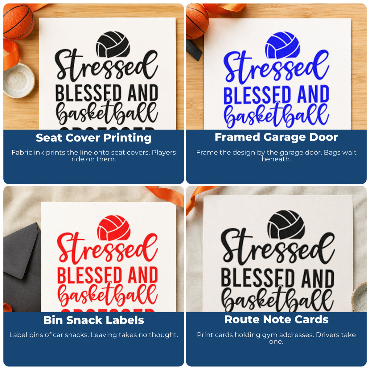 Four ways to use the Stressed Blessed Basketball Obsessed Ball Craft Stamp – Self-Inking: seat cover printing, framed garage door, bin snack labels and route note cards.