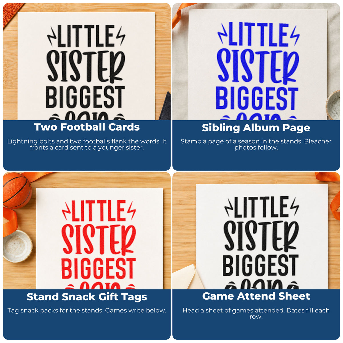 Four ways to use the Little Sister Biggest Fan Lightning Bolt Compact Pre-Inked Stamp – Slim: two football cards, sibling album page, stand snack gift tags and game attend sheet.