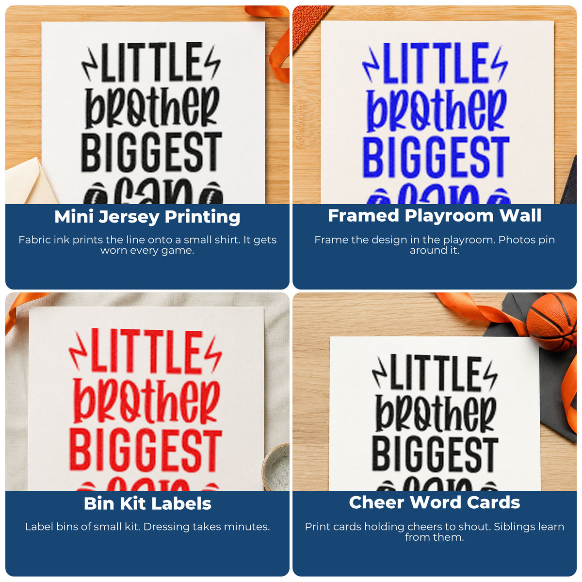 Four ways to use the Little Brother Biggest Fan Premium Wooden Stamp - Vintage Pro: mini jersey printing, framed playroom wall, bin kit labels and cheer word cards.