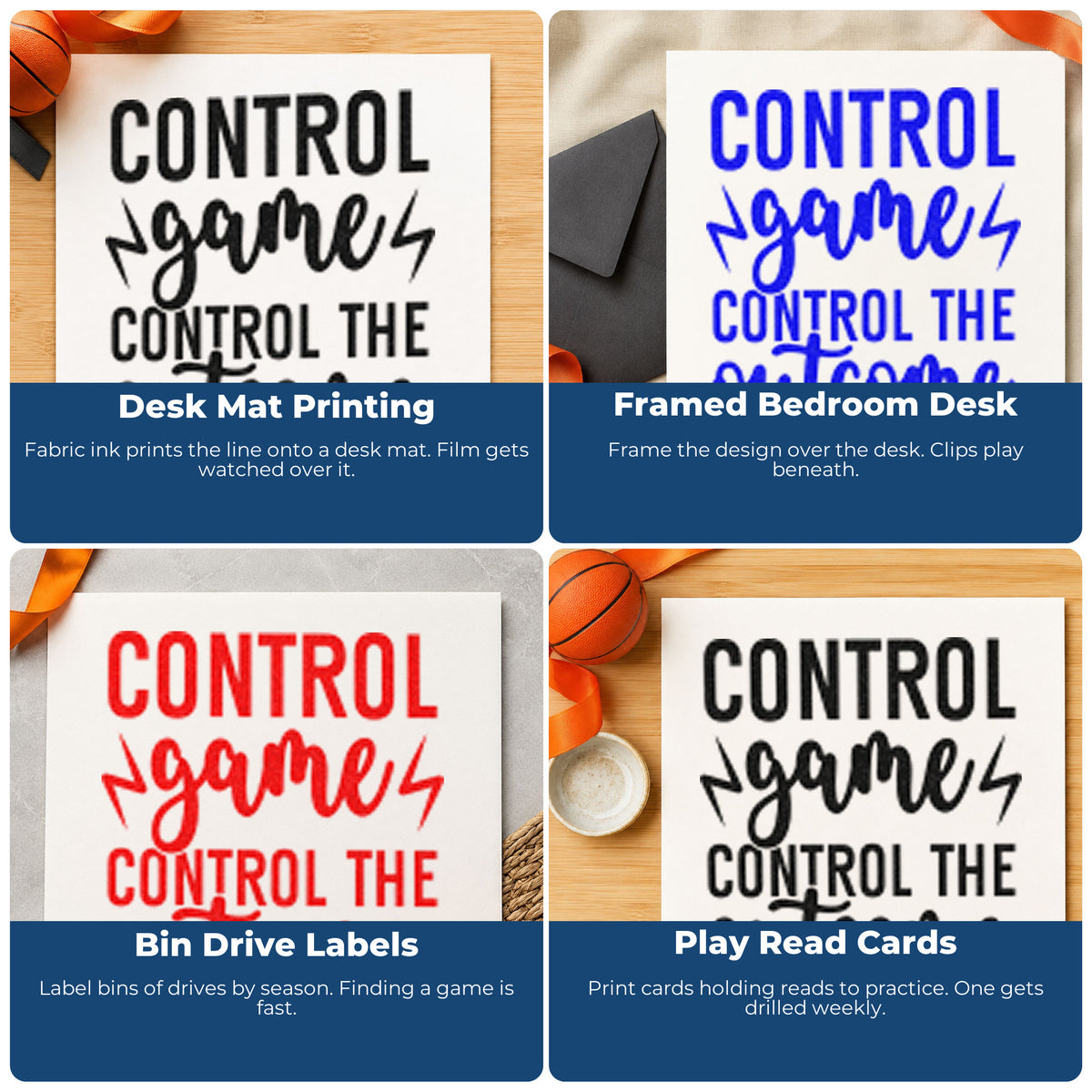 Four ways to use the Control Game Control The Outcome Premium Wooden Stamp - Vintage Pro: desk mat printing, framed bedroom desk, bin drive labels and play read cards.