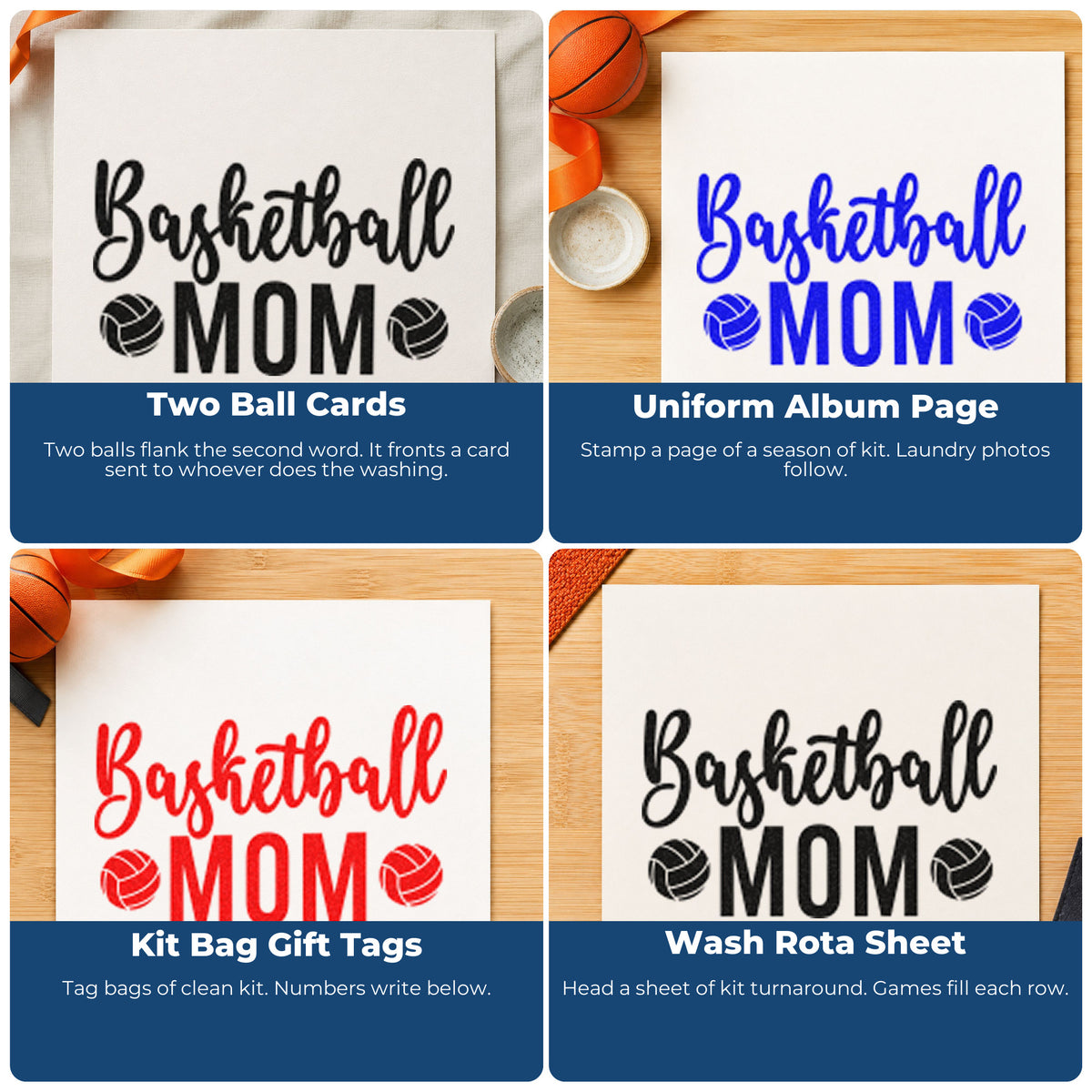 Four ways to use the Basketball Mom With Two Paneled Balls Self-Inking Stamp: two ball cards, uniform album page, kit bag gift tags and wash rota sheet.