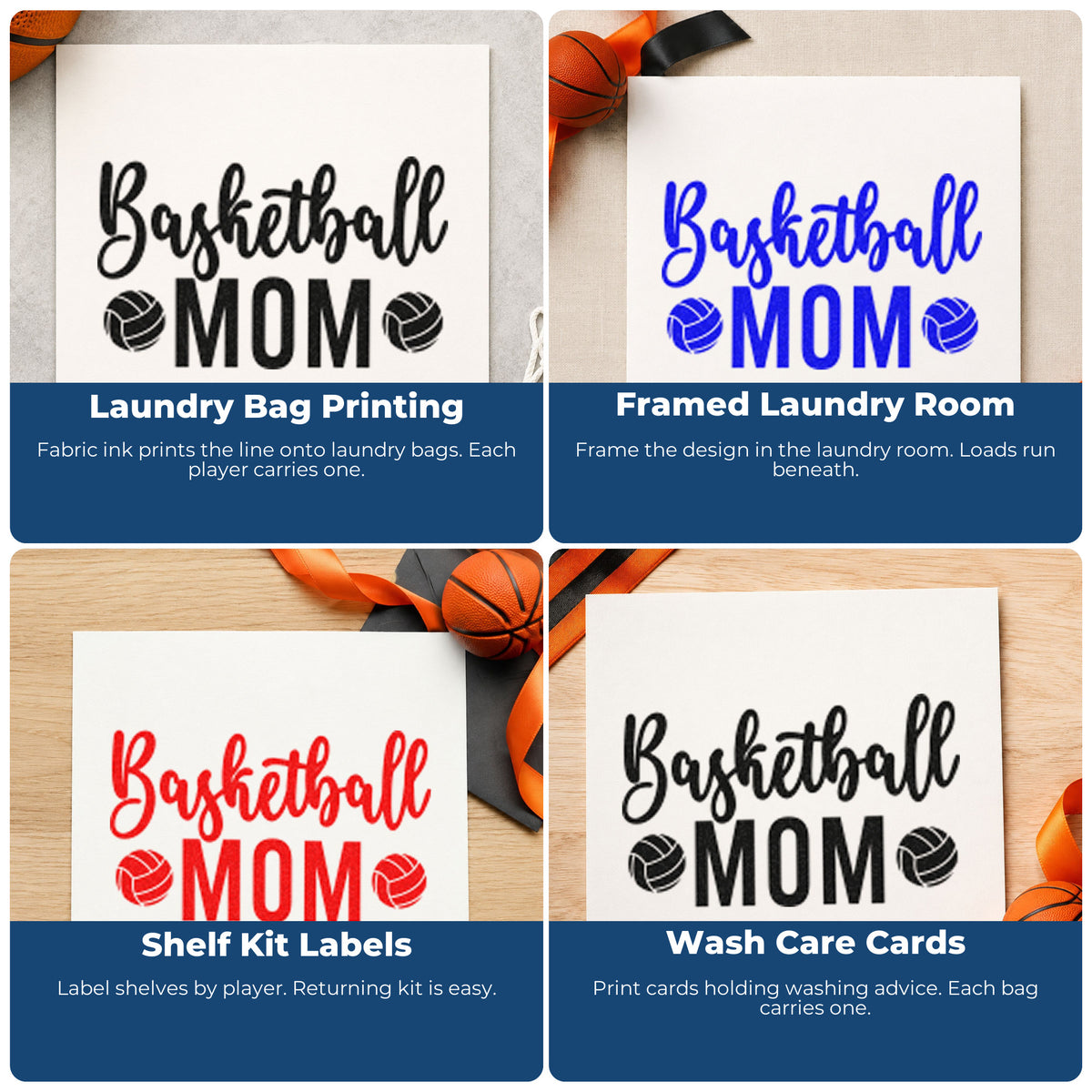 Four ways to use the Basketball Mom With Two Paneled Balls Self-Inking Stamp: laundry bag printing, framed laundry room, shelf kit labels and wash care cards.