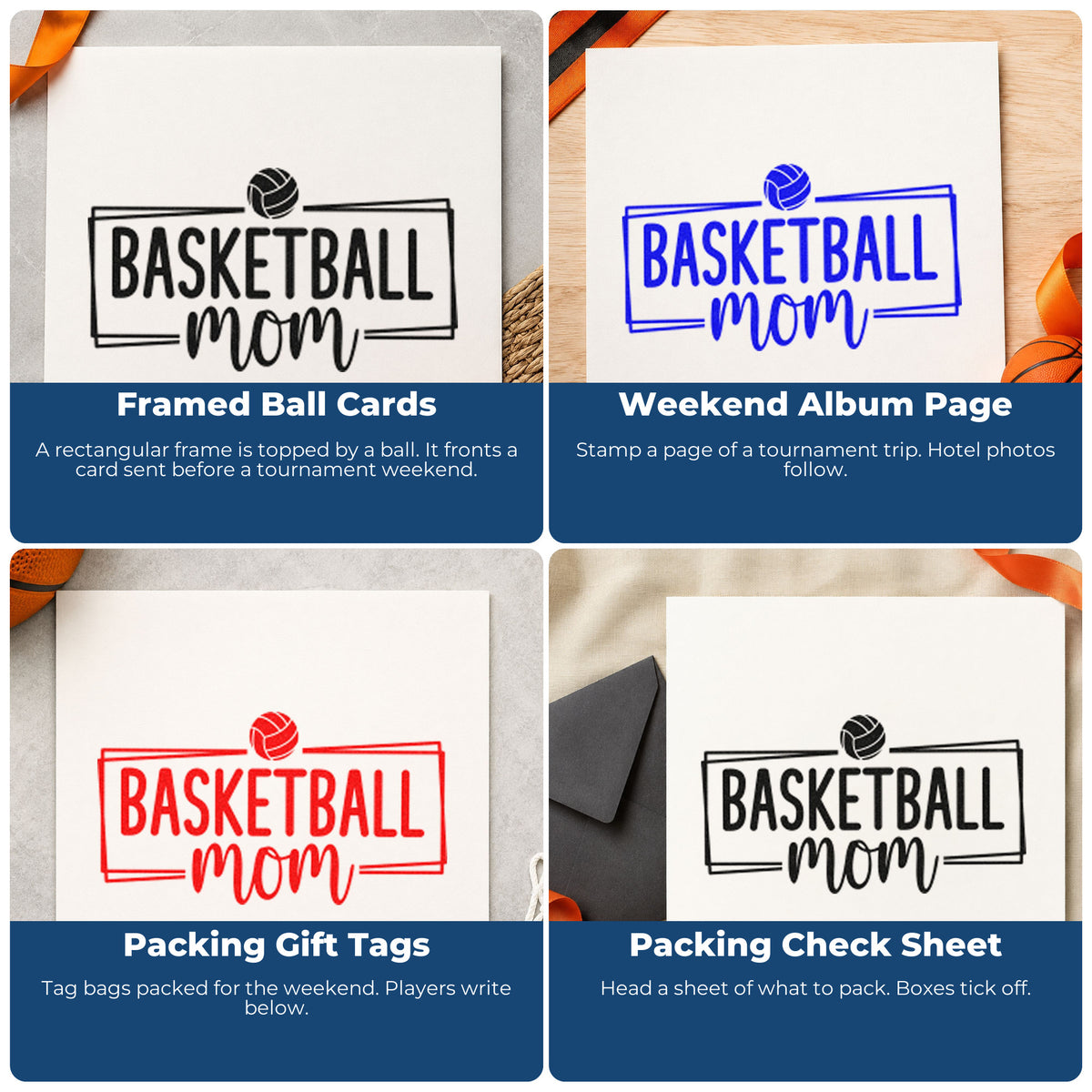 Four ways to use the Self-Inking Basketball Mom Rectangular Frame Stamp: framed ball cards, weekend album page, packing gift tags and packing check sheet.