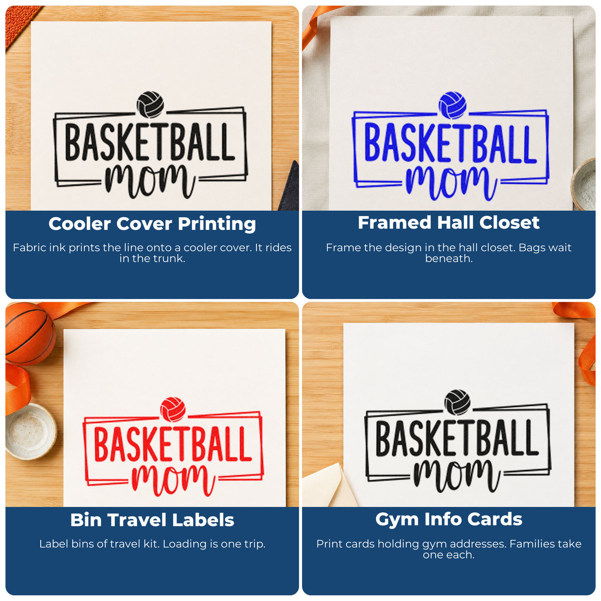 Four ways to use the Basketball Mom Rectangular Frame Premium Wood-Mounted Stamp - Vintage Pro: cooler cover printing, framed hall closet, bin travel labels and gym info cards.