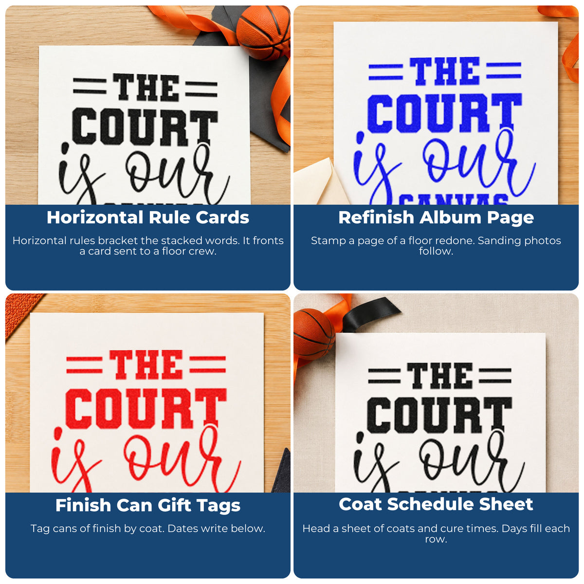 Four ways to use the Wood Handle The Court Is Our Canvas Rubber Stamp: horizontal rule cards, refinish album page, finish can gift tags and coat schedule sheet.