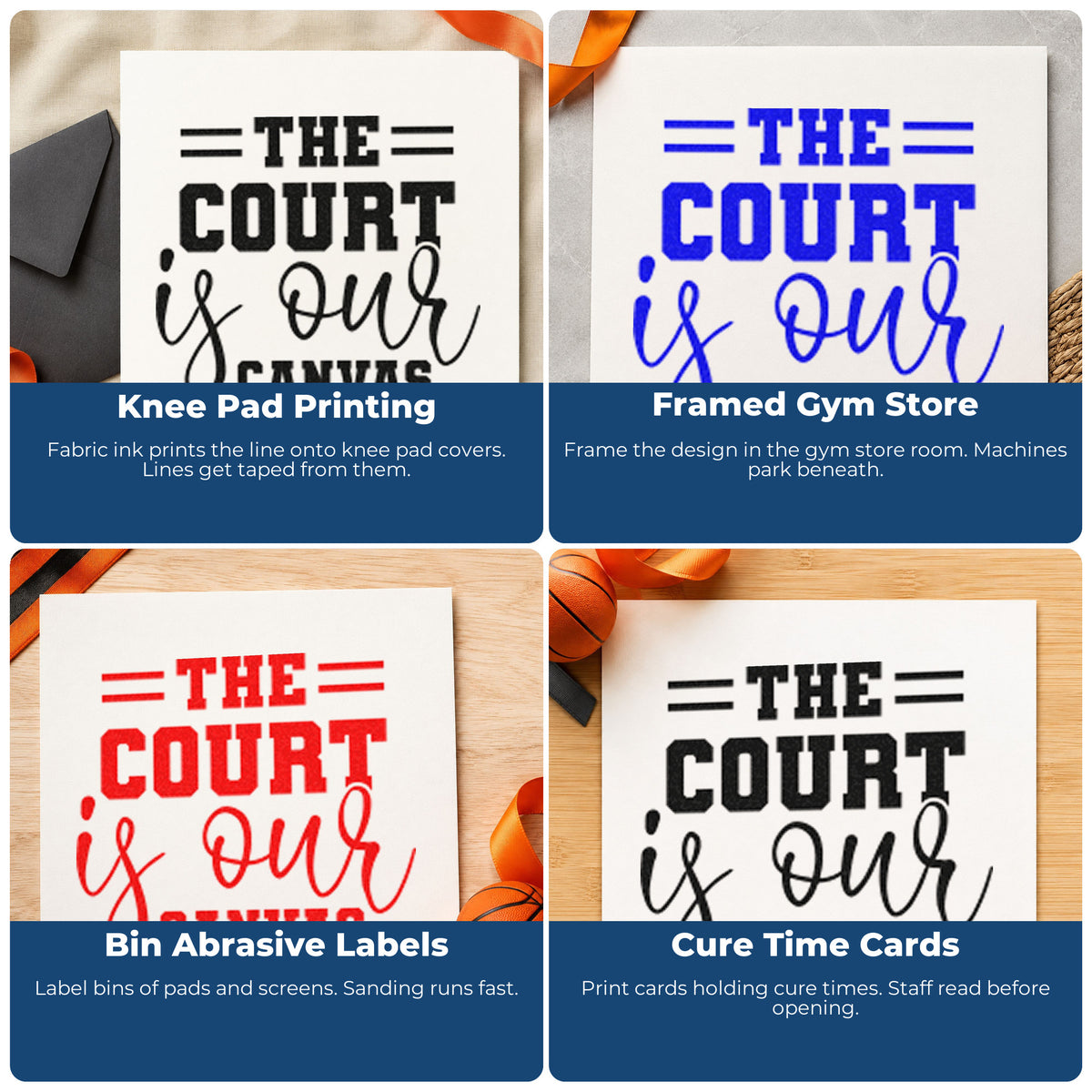 Four ways to use the The Court Is Our Canvas Premium Wood-Mounted Stamp - Vintage Pro: knee pad printing, framed gym store, bin abrasive labels and cure time cards.