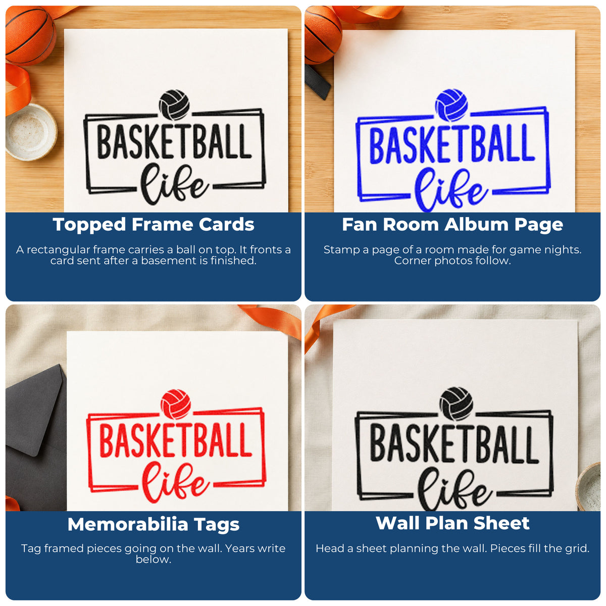 Four ways to use the Duo Hand Basketball Life Rectangular Frame Rubber Stamp: topped frame cards, fan room album page, memorabilia tags and wall plan sheet.